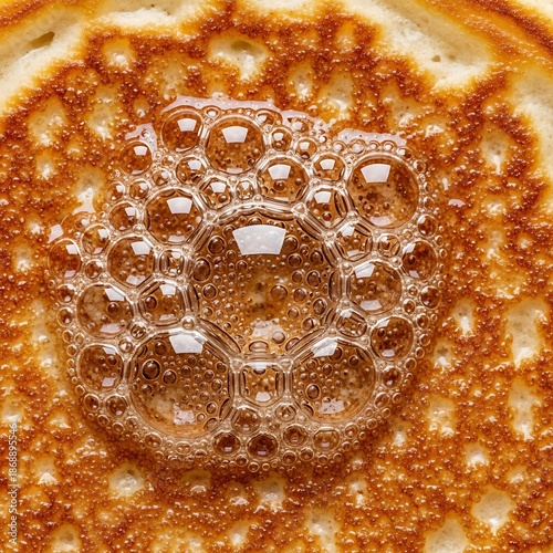 A close-up view of golden brown pancake texture with a bubbling pool of amber syrup on top, highlighting the delicious details.