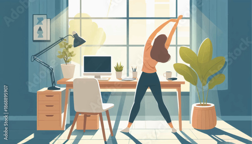 Woman Practicing Yoga in Modern Office Space.