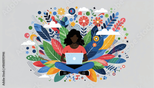 Woman with Laptop Surrounded by Leaves.