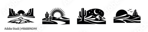 Desert landscape vector icons set. nature, scenery, cactus symbols