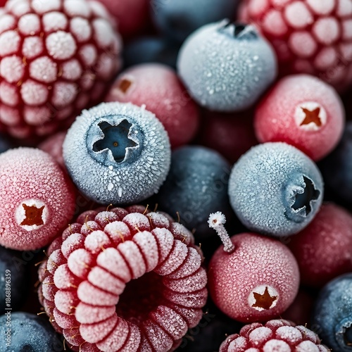 Close-up view of a vibrant mix of frozen blueberries and raspberries, covered in a delicate layer of frost.