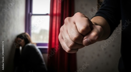 Close-up of a fist advances towards a woman who is cowering in a room corner.
