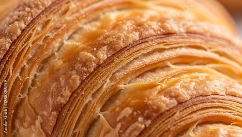 Close-up view of a golden-brown croissant showcasing its flaky, layered texture and crispy surface, highlighting the intricate folds of the pastry.