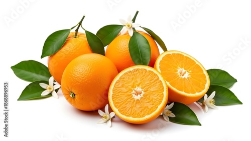 Fresh Oranges with Leaves and White Flowers