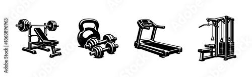 Fitness equipment vector icons set. gym symbols, workout gear illustrations
