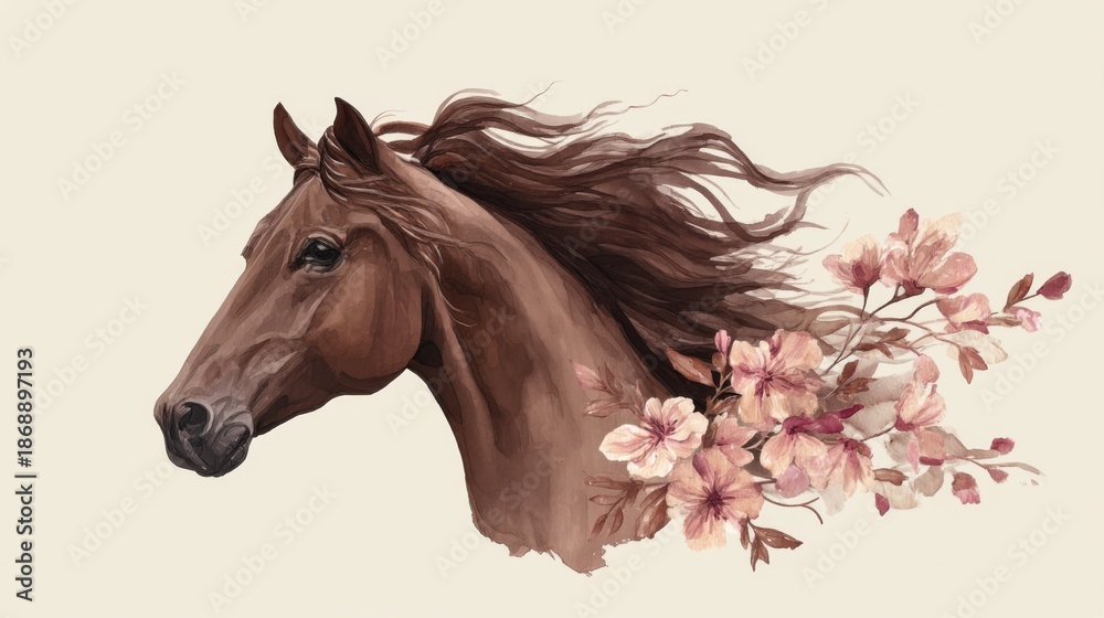 Obraz premium Elegant brown horse with flowing mane and blossoms.