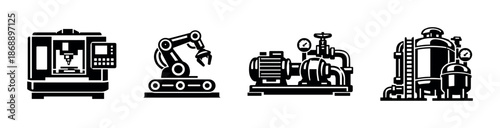 Industrial machinery vector icons set. equipment, factory, mechanical symbols