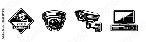 Security vector icons set. surveillance, cameras, monitoring symbols