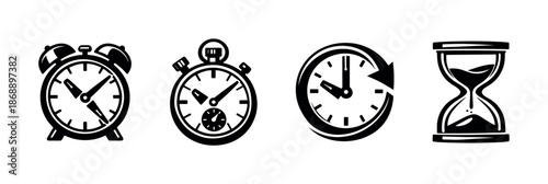 Time vector icons set. clocks, timers, hourglass symbols