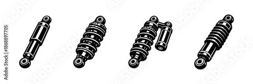 Suspension component vector icons set. shock absorbers, mechanical parts symbols