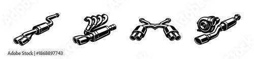Exhaust system vector icons set. muffler, automotive parts, engine components