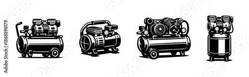 Compressor vector icons set. air pump, pneumatic, machinery symbols