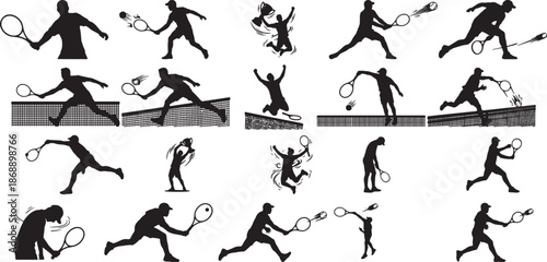 Tennis player silhouettes vector set. Sport athletes black figures collection. Men and women playing tennis in different poses (serve, forehand, backhand, smash) isolated on white background.