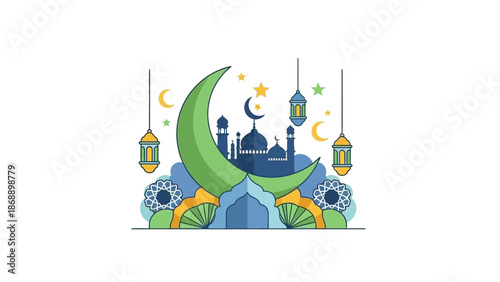 Islamic Illustration with Crescent Moon and Mosque.