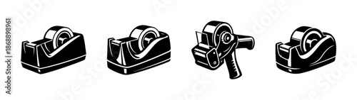 Tape dispenser vector icons set: adhesive, office, packaging symbols