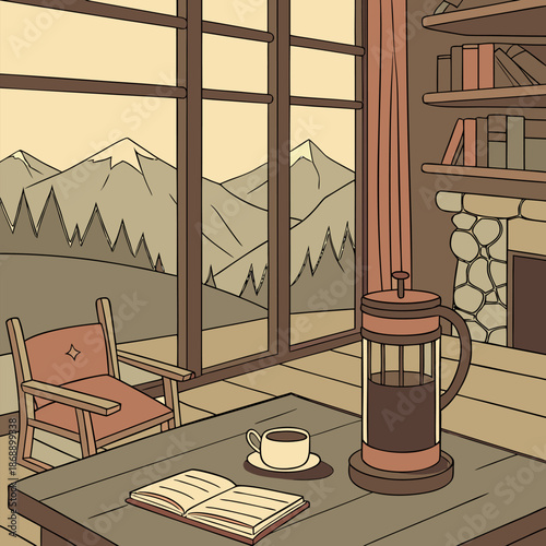 French Press Coffee in Rustic Mountain Lodge