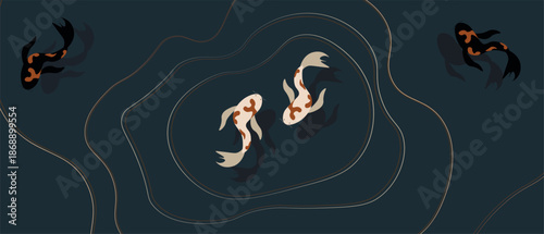 Minimalist illustration of koi fish in dark water. Japanese inspired abstract composition, calm zen mood for backgrounds and decorative design.