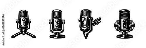 Microphone vector icons set. audio, recording, podcast symbols