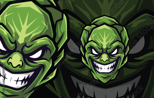 Furious Green Cabbage or Broccoli Monster Mascot with an Evil Grin, Ideal for Gaming, Food, or Sports Logos and Branding.