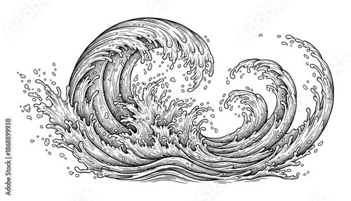Engraving vector of big wave illustration black and white color isolated on transparent background