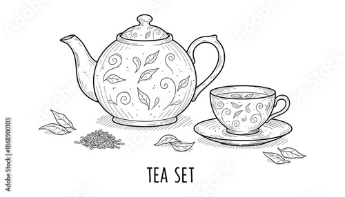 Hand drawn tea set engraving style teapot cup saucer and tea leaves vector illustration
