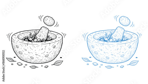 Hand drawn vector illustration of mortar and pestle with herbs for cooking or pharmacy