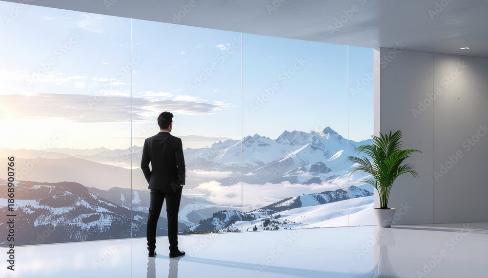Obraz premium Visionary executive gazes out a large window at a breathtaking panorama of snow-covered mountains, contemplating future success, growth, and the vast opportunities ahead