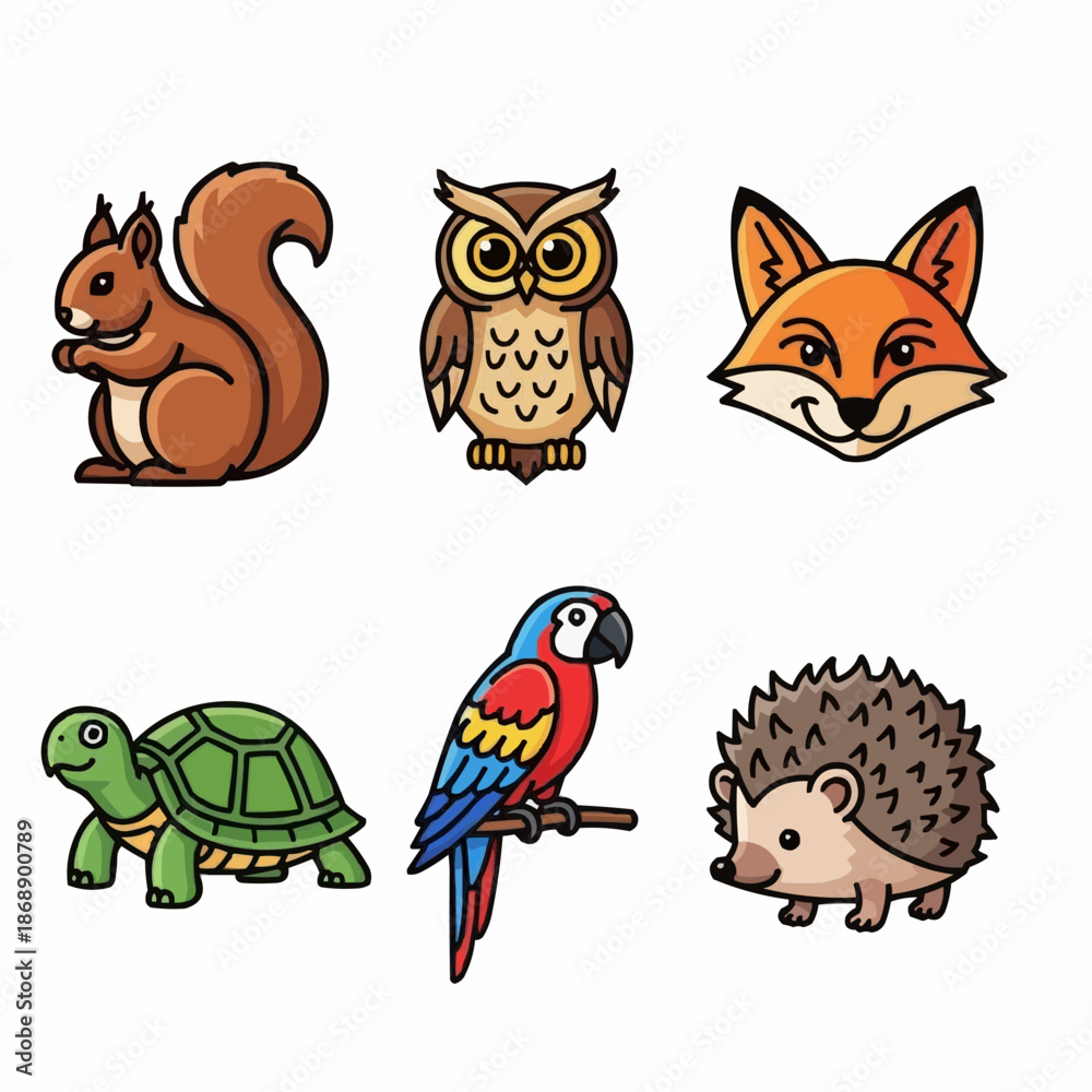 Fototapeta premium A colorful vector illustration of six cartoon animals including a squirrel, owl, fox, turtle, parrot, and hedgehog