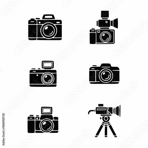 A set of six black and white vector camera icons in various styles and orientations