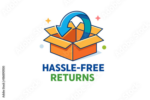 Hassle-free returns icon with open box and arrow for easy product exchanges