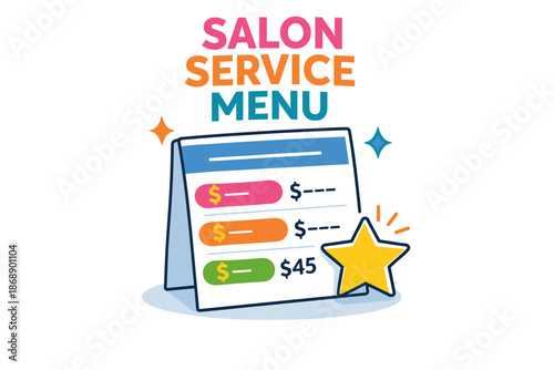 Colorful salon service menu with pricing and decorative elements