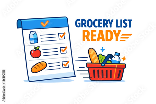 Grocery shopping checklist with basket of essentials