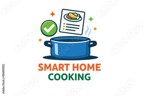 Smart home cooking pot with recipe and checkmark icon