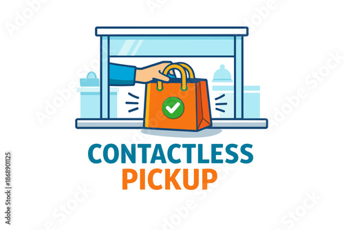Contactless pickup concept with safe handbag and checkmark symbol