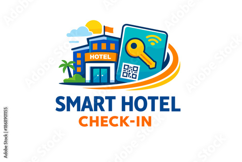 Smart hotel check-in logo with digital key and qr code