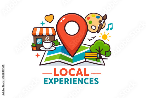 Colorful map pin with coffee, shop, and art elements illustration