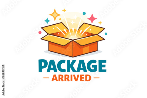 Bright cartoon open package with sparkles signifying delivery arrival