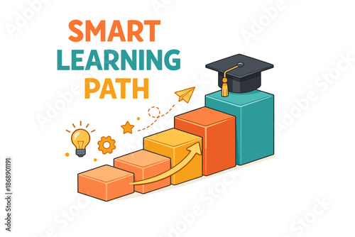 Smart learning path concept with 3d bar graph and graduation cap