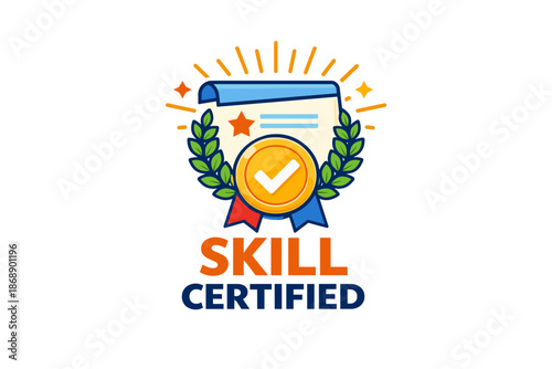 Skill certified badge with checkmark and laurel wreath on scroll background