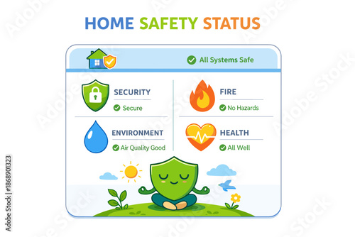 Home safety status dashboard with security, fire, environment, and health indicators
