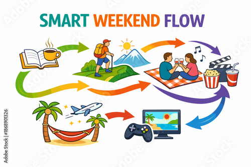 Smart weekend flow: outdoor adventure, relaxation, travel, gaming, and movie night activities