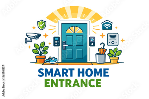 Smart home entrance with security features and automation symbols