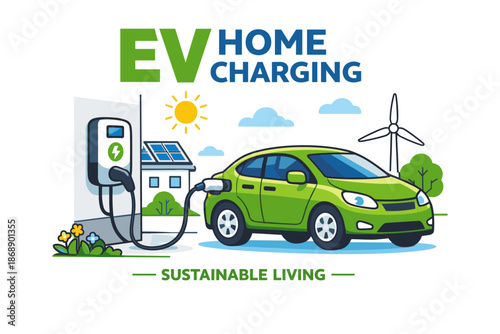 Ev home charging station with green car and renewable energy elements