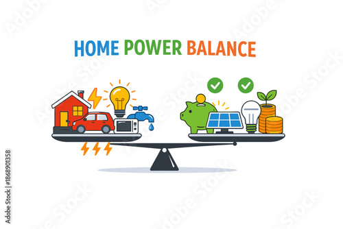 Home energy balance: sustainable solutions and renewable sources illustrated
