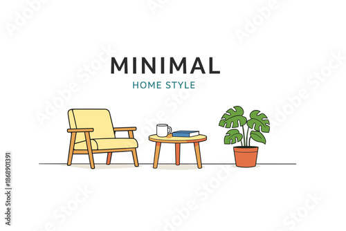 Minimalist home style design with chair, table, and plant