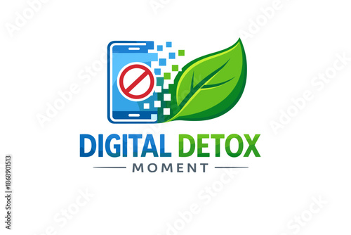 Digital detox moment logo with smartphone and leaf illustration