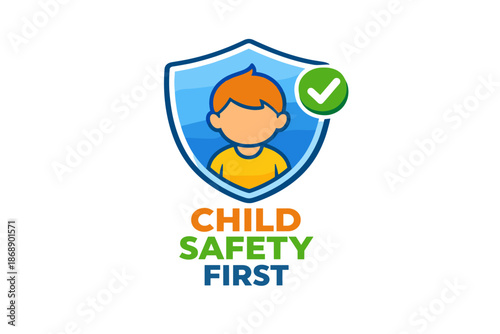Child safety first logo design with shield and checkmark symbol