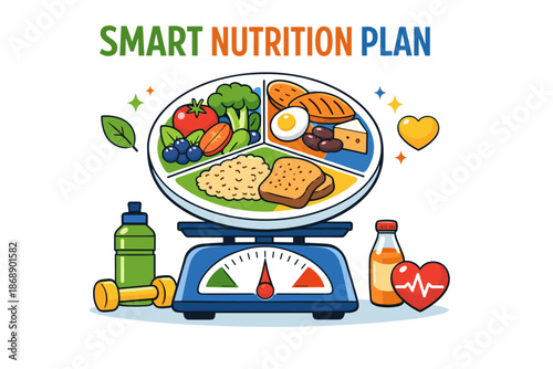 Balanced nutrition plan for healthy living with food scale and exercise icons