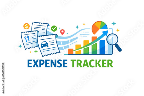 Expense tracker illustration with graphs and receipts for financial management