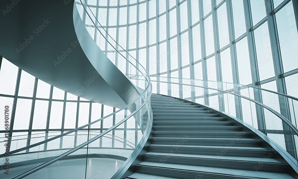 Fototapeta premium Modern spiral staircase in a sleek glass building interior.
